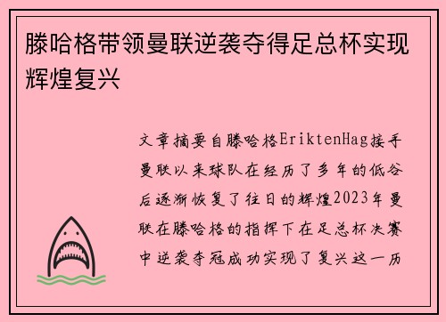 滕哈格带领曼联逆袭夺得足总杯实现辉煌复兴