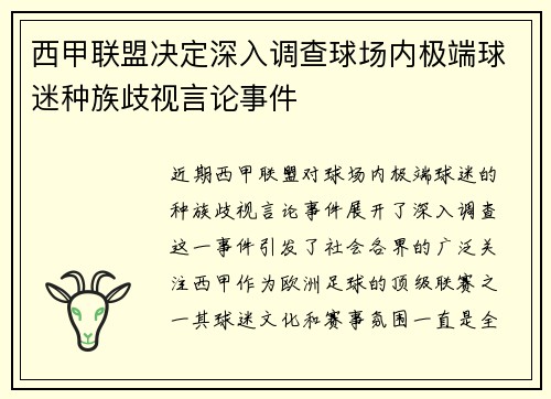 西甲联盟决定深入调查球场内极端球迷种族歧视言论事件