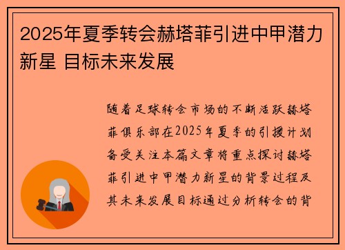 2025年夏季转会赫塔菲引进中甲潜力新星 目标未来发展