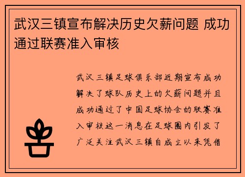 武汉三镇宣布解决历史欠薪问题 成功通过联赛准入审核